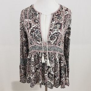American Eagle Boho Blouse Peasant Top Paisley Pink Ivory Festival size Small